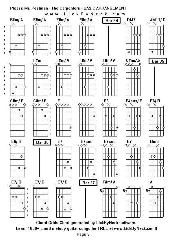 Chord Grids Chart of chord melody fingerstyle guitar song-Please Mr Postman - The Carpenters - BASIC ARRANGEMENT,generated by LickByNeck software.